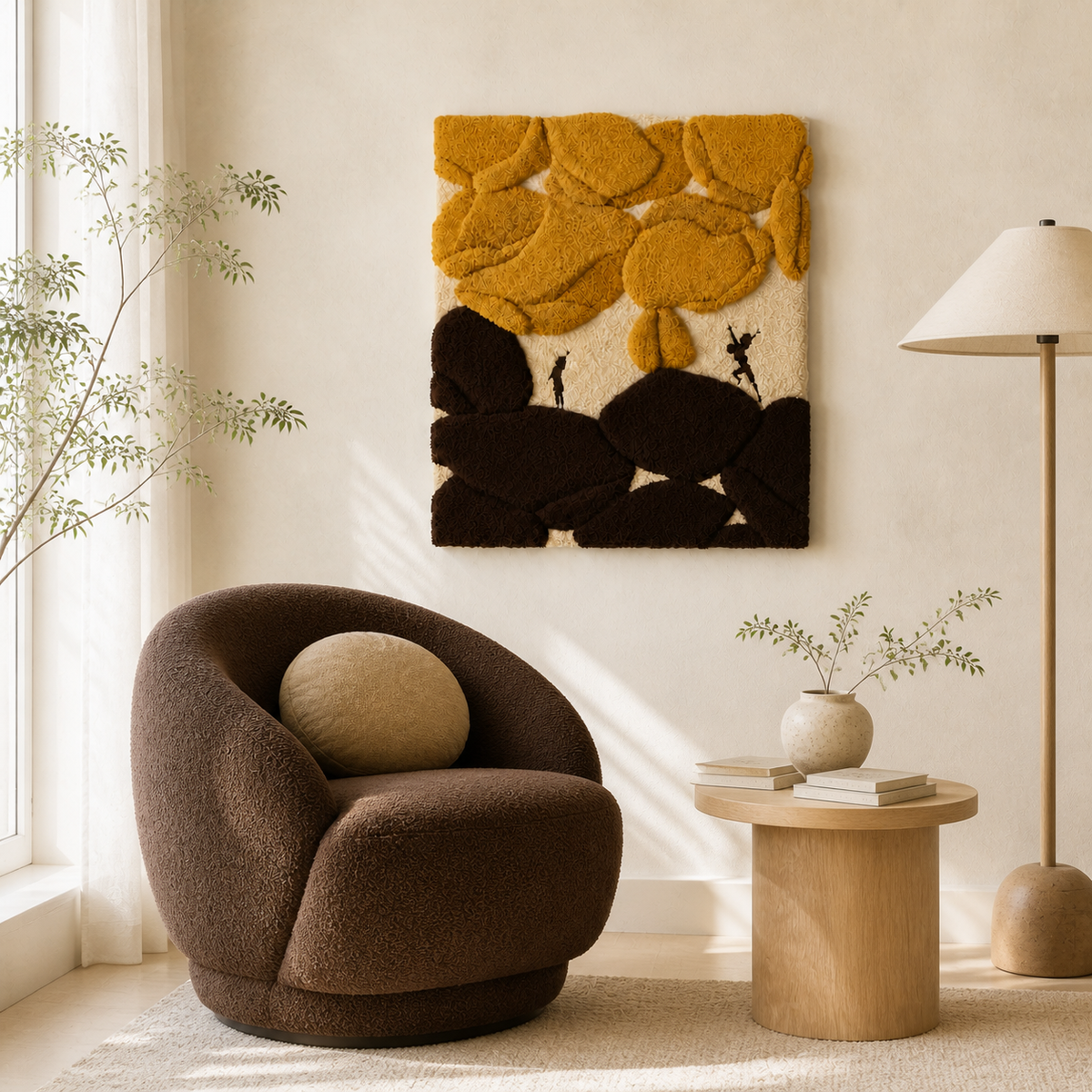 Wall art by Hewn Earth depicting a cat beneath vibrant marigolds in a natural, peaceful outdoor setting.
