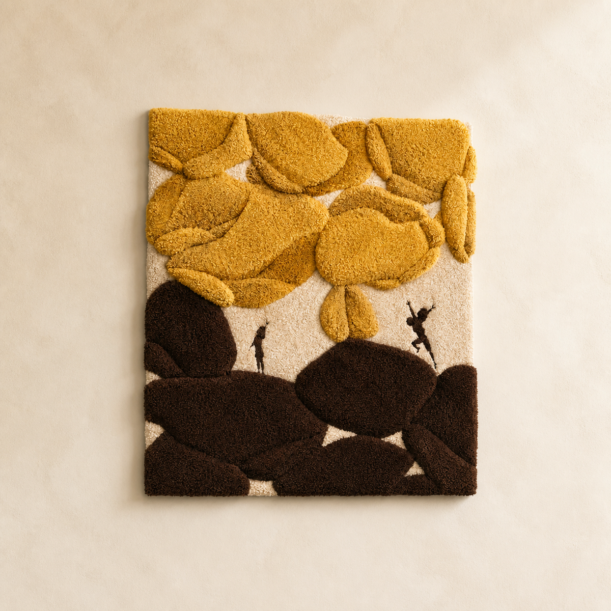 Wall art by Hewn Earth featuring a cat beneath vibrant marigolds, showcasing a peaceful garden scene in a natural setting.