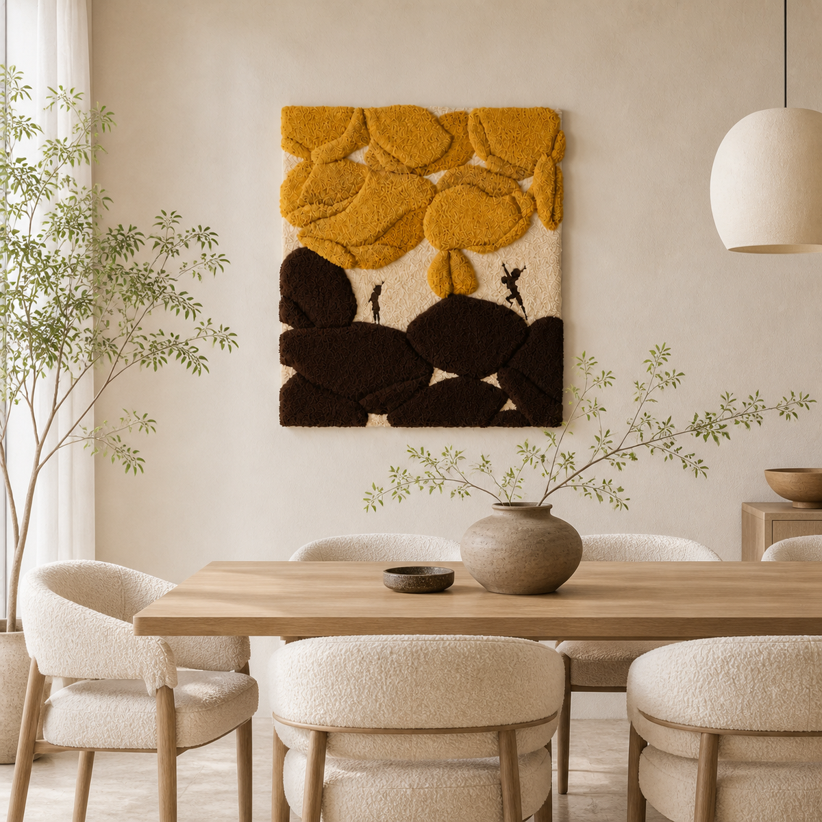 Wall art by Hewn Earth featuring a cat sitting beneath blooming marigolds, vibrant floral scene with feline silhouette.