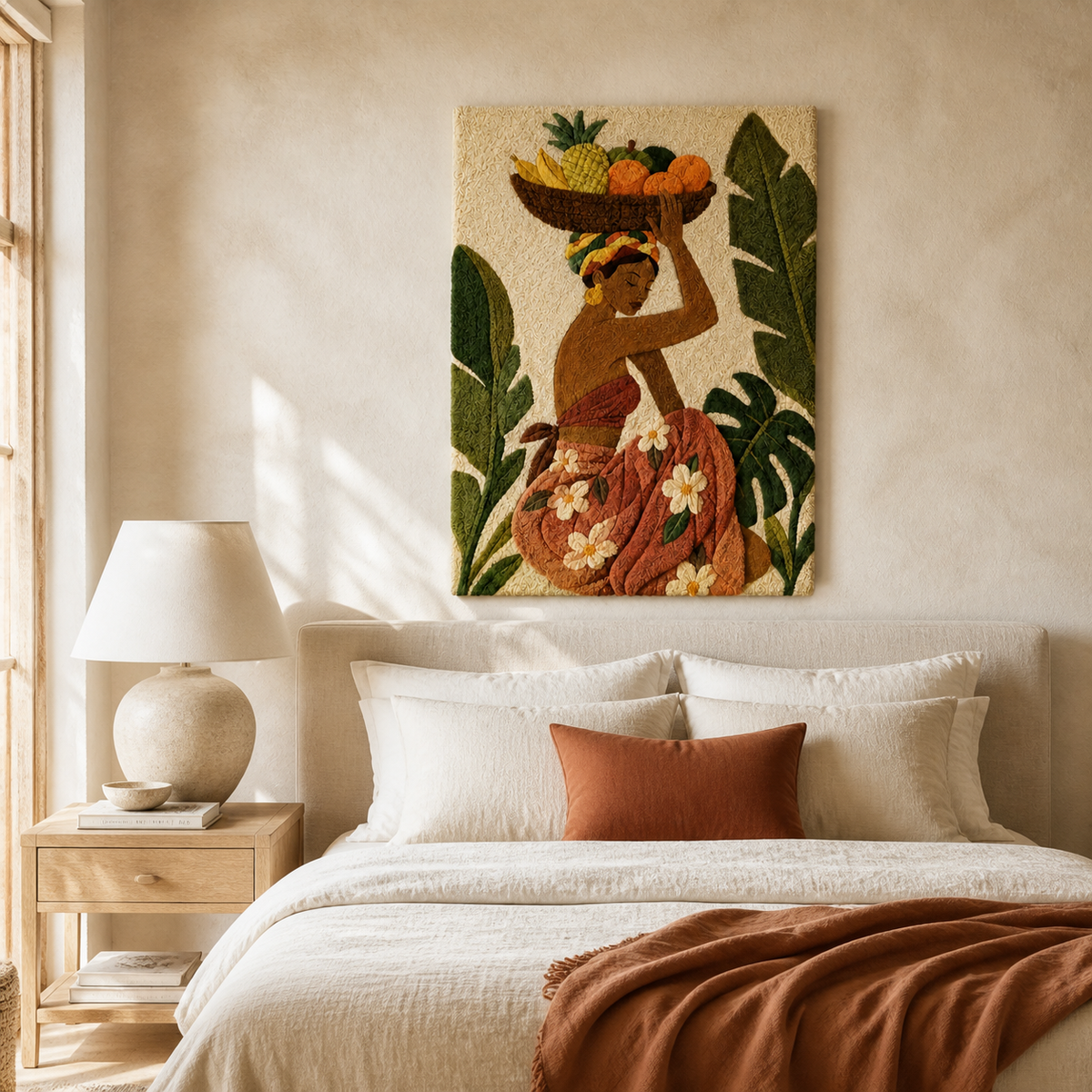 Hewn Earth Harvest Bearer wall art featuring a detailed, rustic design of a harvest-themed figure on a natural wood background.