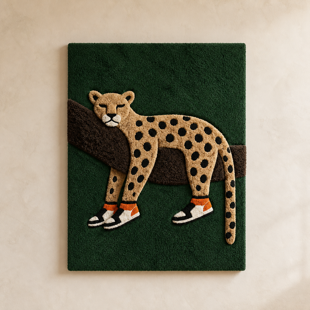 Emerald Prowler Hewn Earth wall art featuring a detailed green and black prowler animal design on a textured background.