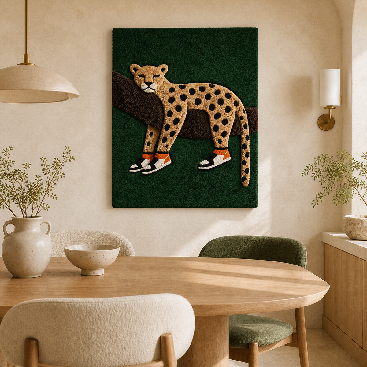 Emerald Prowler Hewn Earth wall art featuring a vibrant green prowling animal design on a textured background.