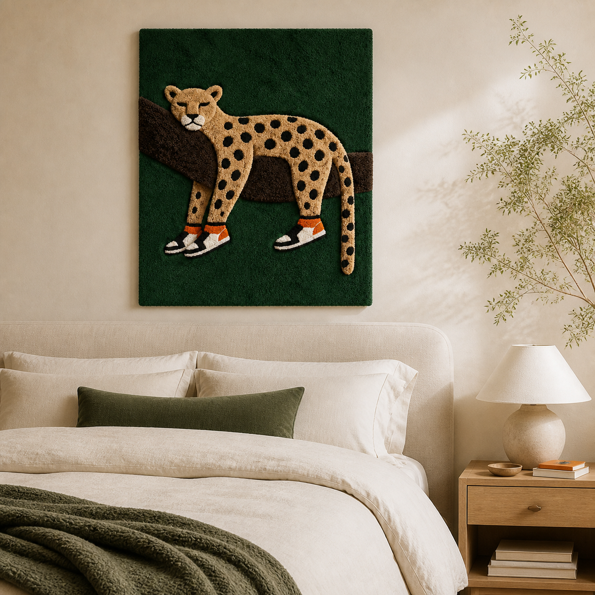 Emerald Prowler Hewn Earth wall art featuring a vibrant, abstract green and black design on a canvas background.