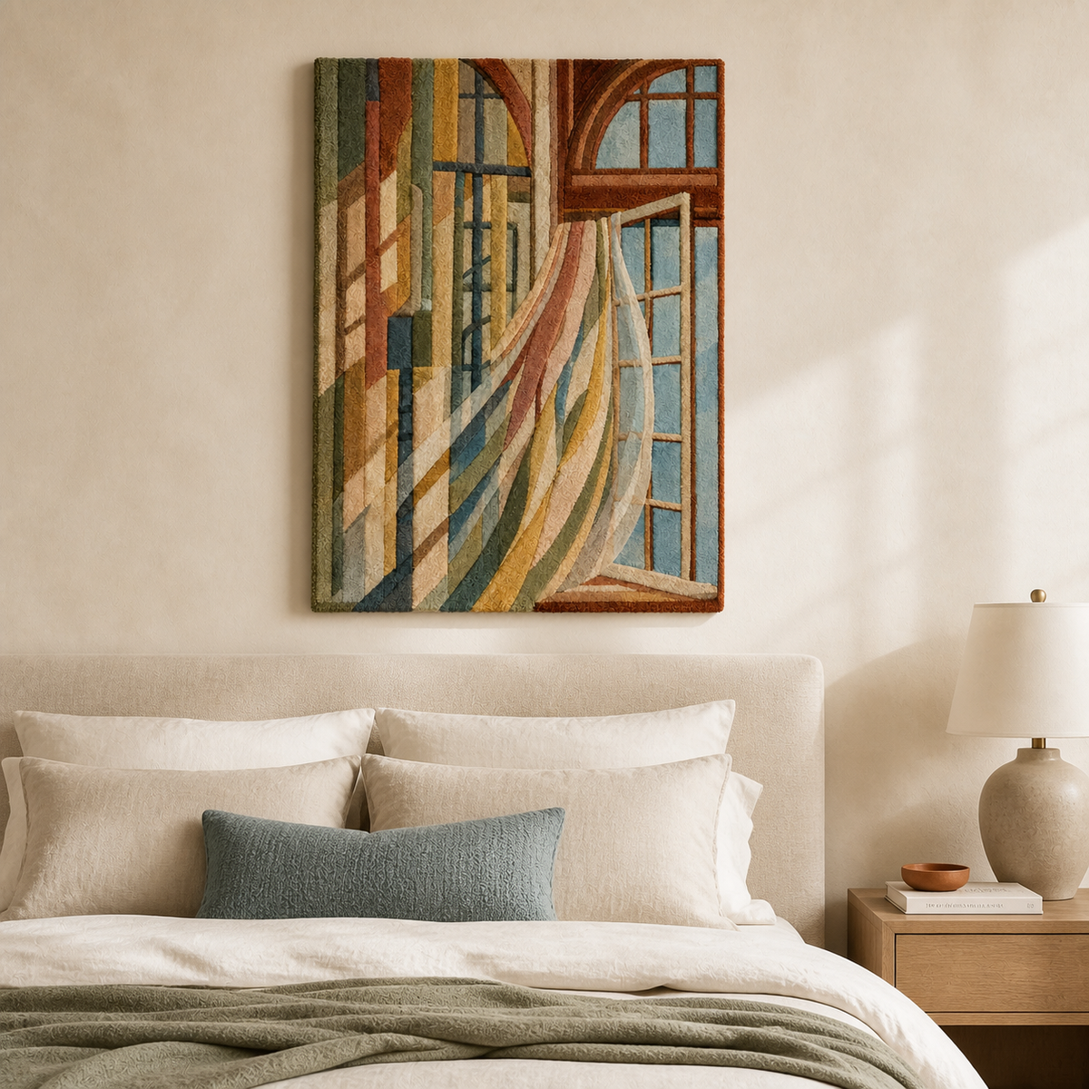 Hewn Earth Window Light Currents wall art featuring abstract design with flowing light patterns on a wall.