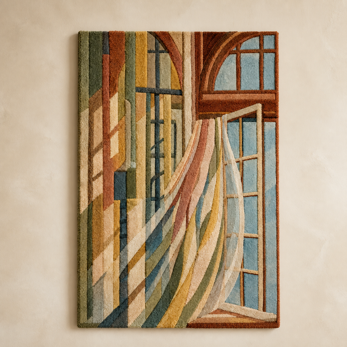 Hewn Earth Window Light Currents wall art featuring abstract light and shadow patterns on a textured surface.