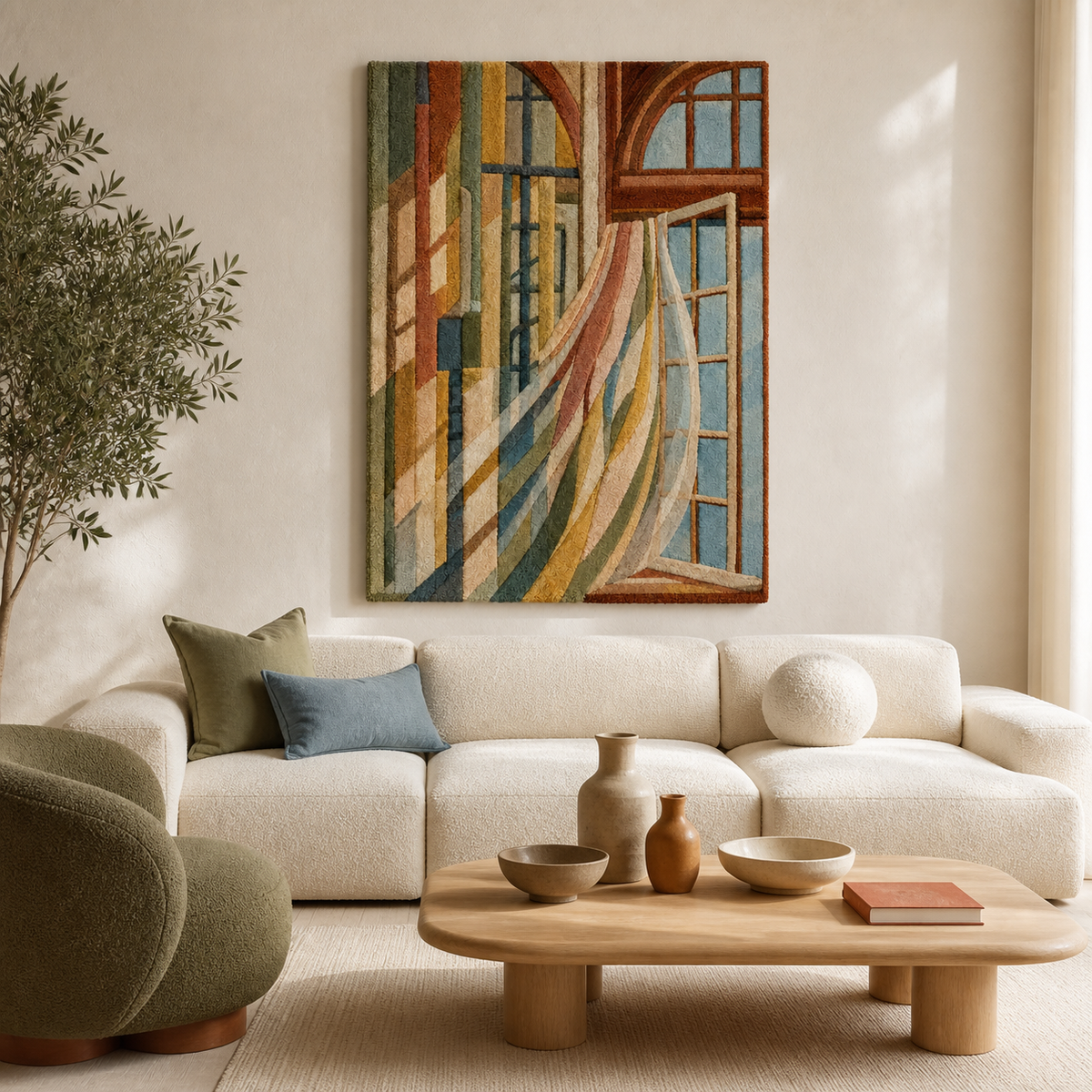 Hewn Earth Window Light Currents wall art featuring abstract light patterns on a textured background.