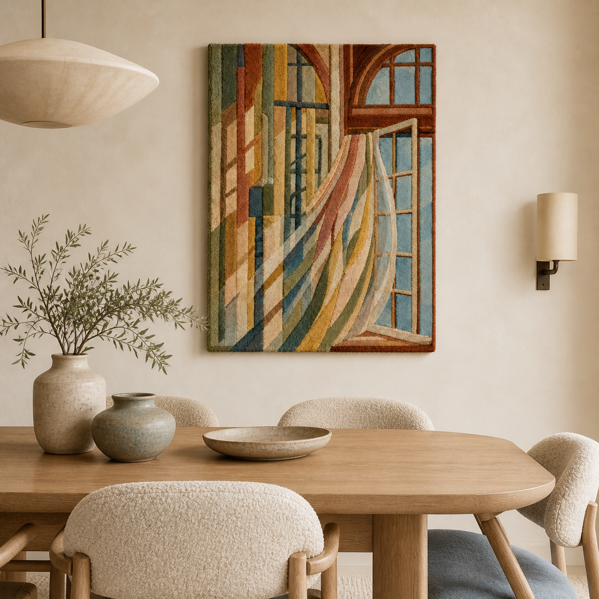 Hewn Earth Window Light Currents wall art featuring abstract window scene with flowing light and shadow effects on a neutral background