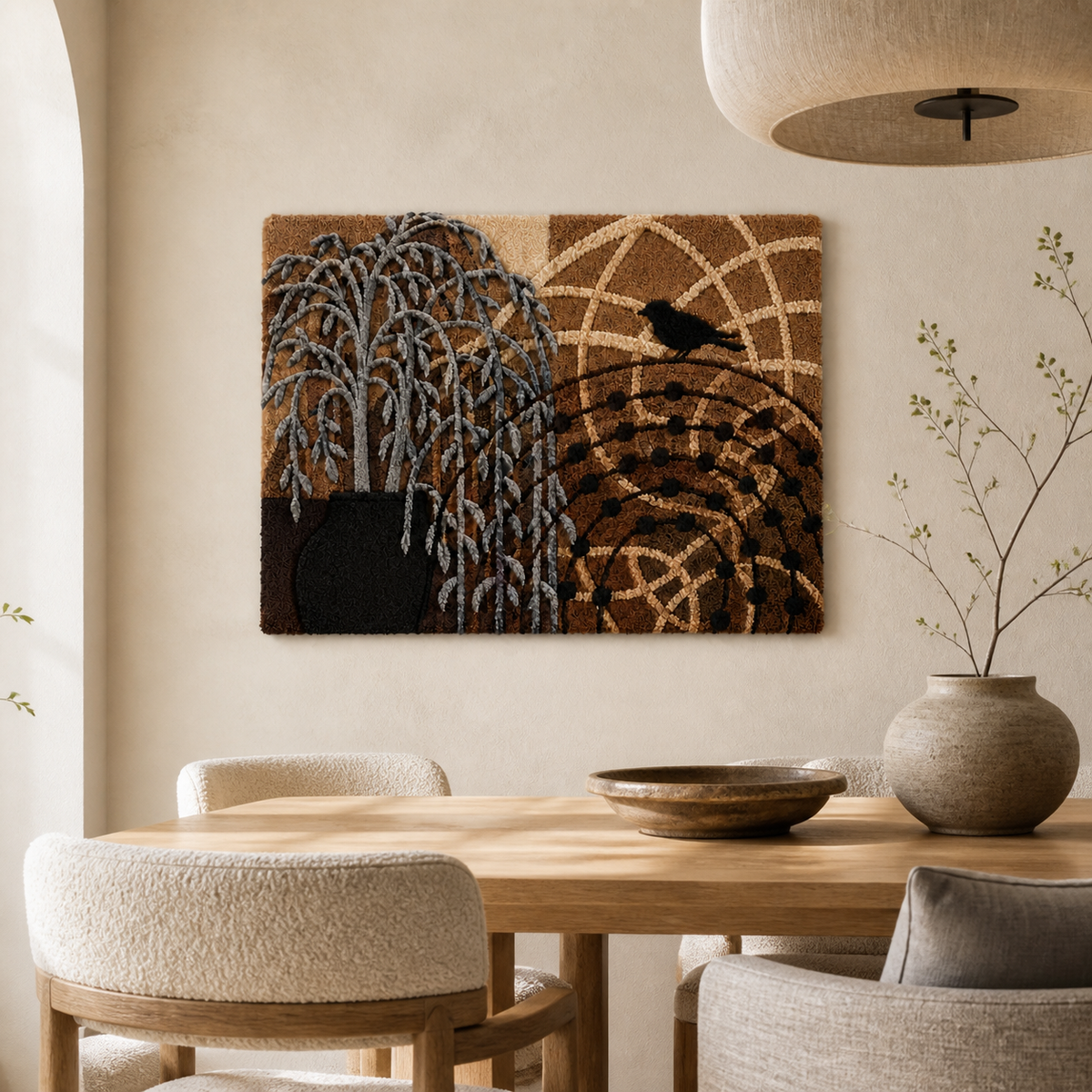 Hewn Earth Willow at Dusk wall art featuring a serene willow tree silhouette against a dusky sky, suitable for home decor.