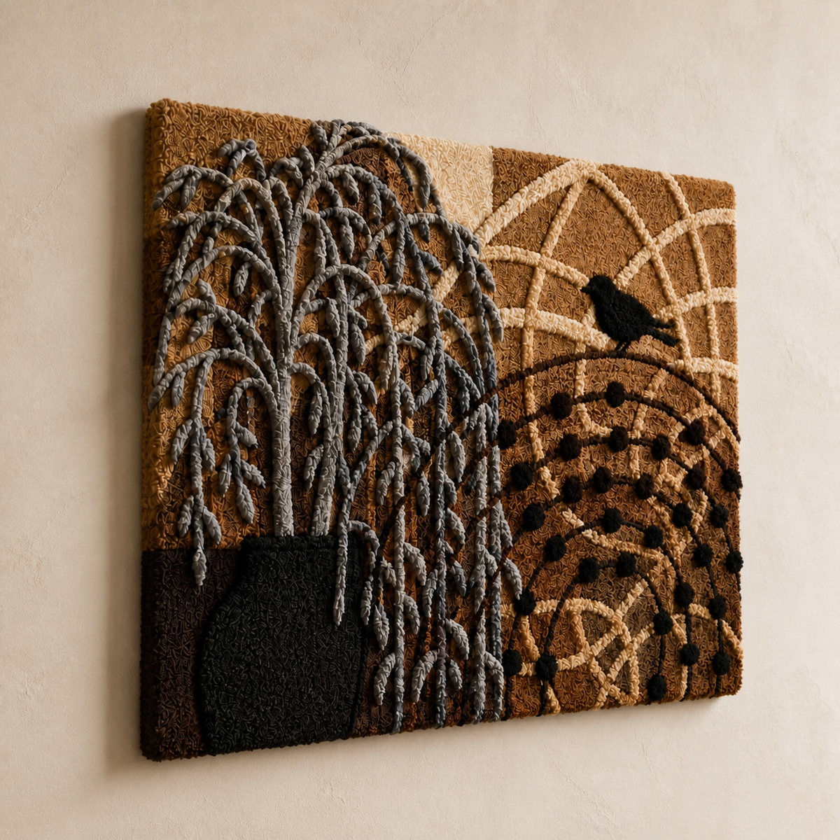 Hewn Earth Willow at Dusk wall art featuring a serene willow tree silhouette against a dusky sky, suitable for home decor.