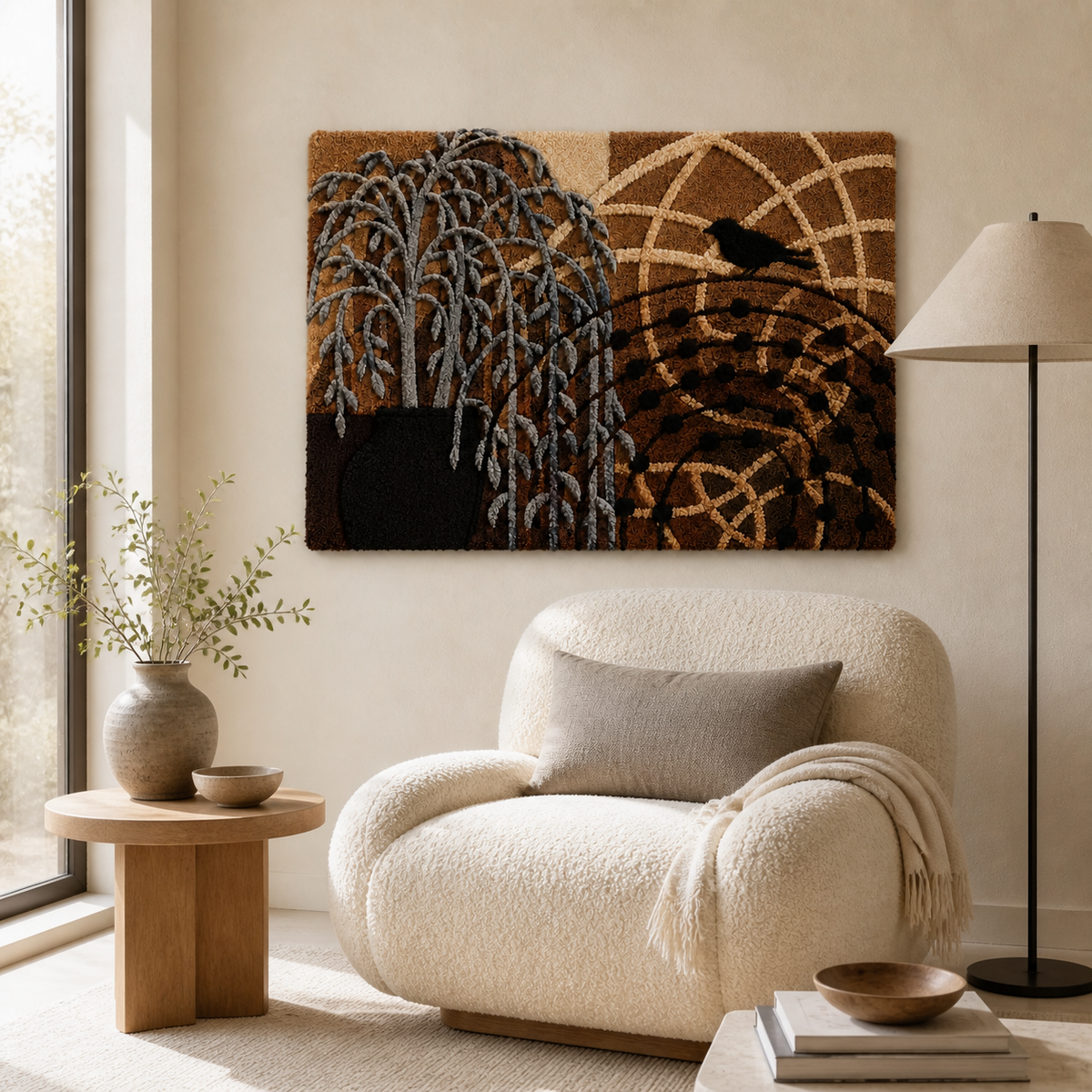 Hewn Earth Willow at Dusk wall art featuring a serene willow tree silhouette against a dusky sky on textured canvas