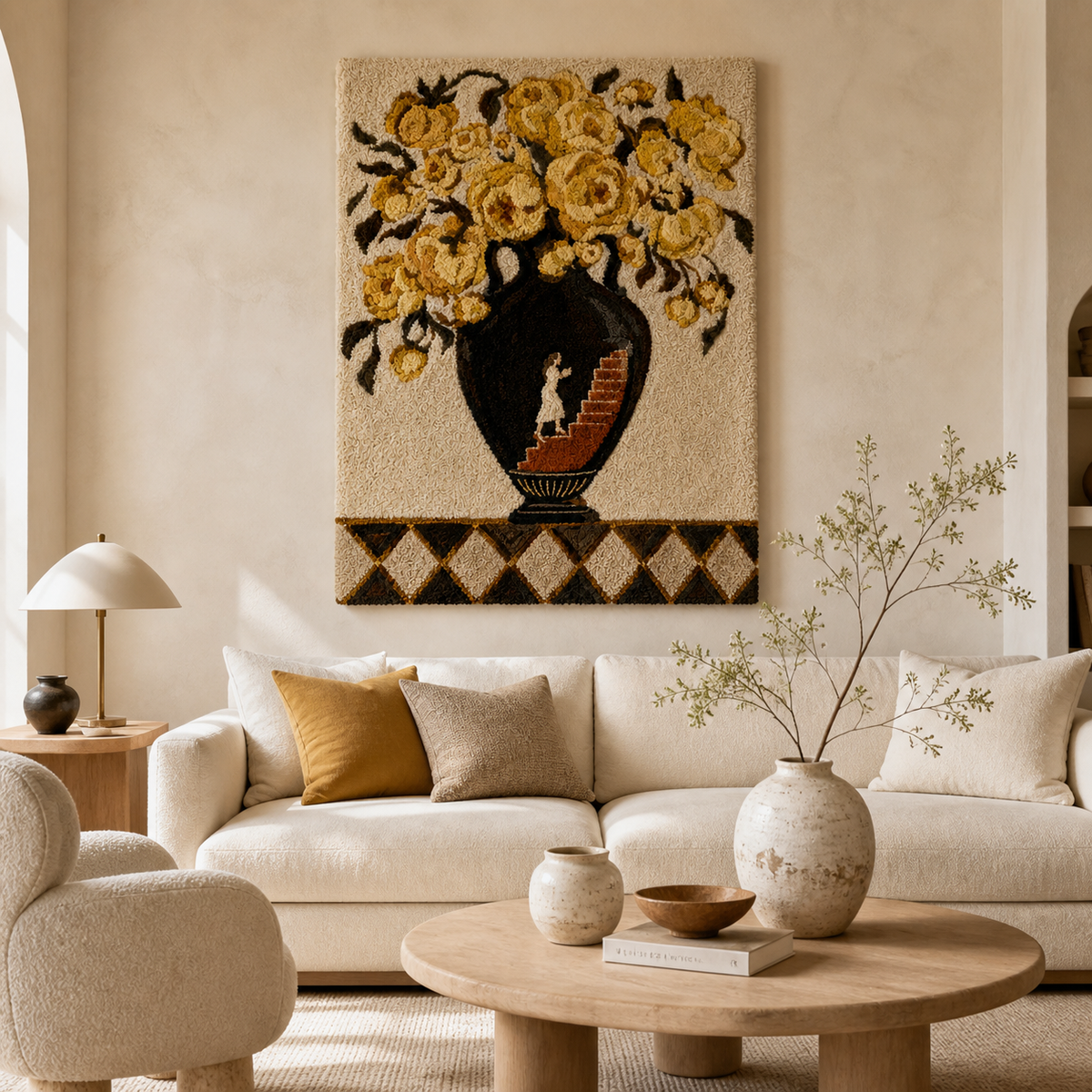 Golden Rose urn wall art by Hewn Earth, featuring a detailed golden rose design displayed on a room wall.