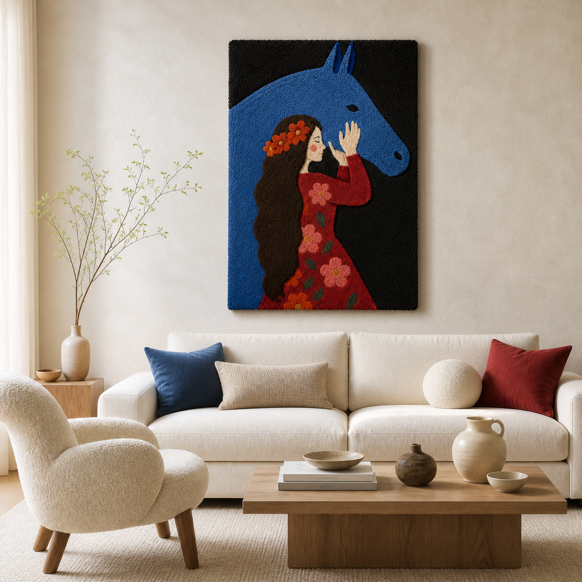 Blue horse confidante wall art by Hewn Earth, featuring a detailed illustration of a horse in shades of blue and artistic style