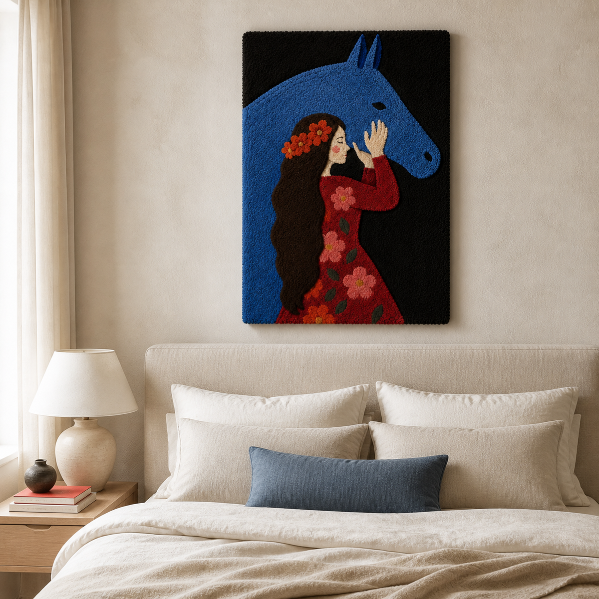 Blue horse Confidante wall art by Hewn Earth featuring a serene blue horse illustration on a neutral background.