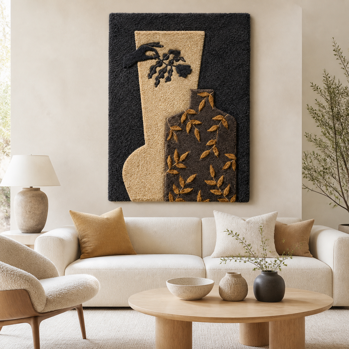 Hewn Earth Shadow Vessel wall art featuring a textured, abstract design in neutral tones for modern home decor.