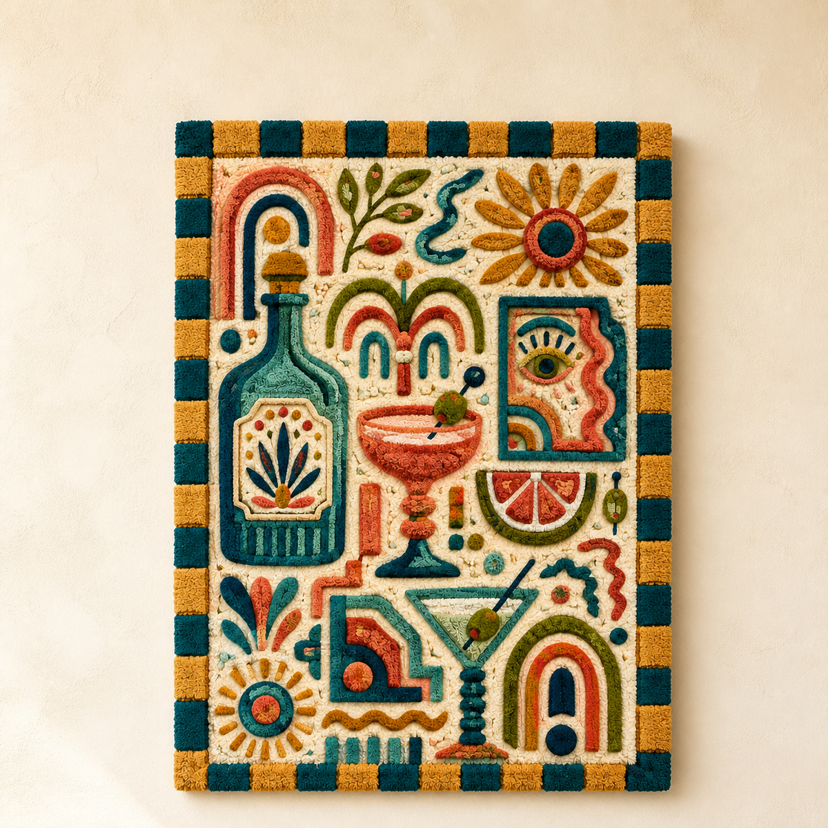 Hewn Earth Sun Temple Glyphs wall art featuring ancient glyph designs in earthy tones, suitable for decorative wall decor.