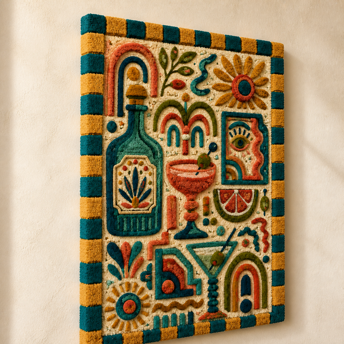 Hewn Earth Sun Temple Glyphs wall art featuring ancient glyph designs on a textured surface, ideal for cultural or historical decor.
