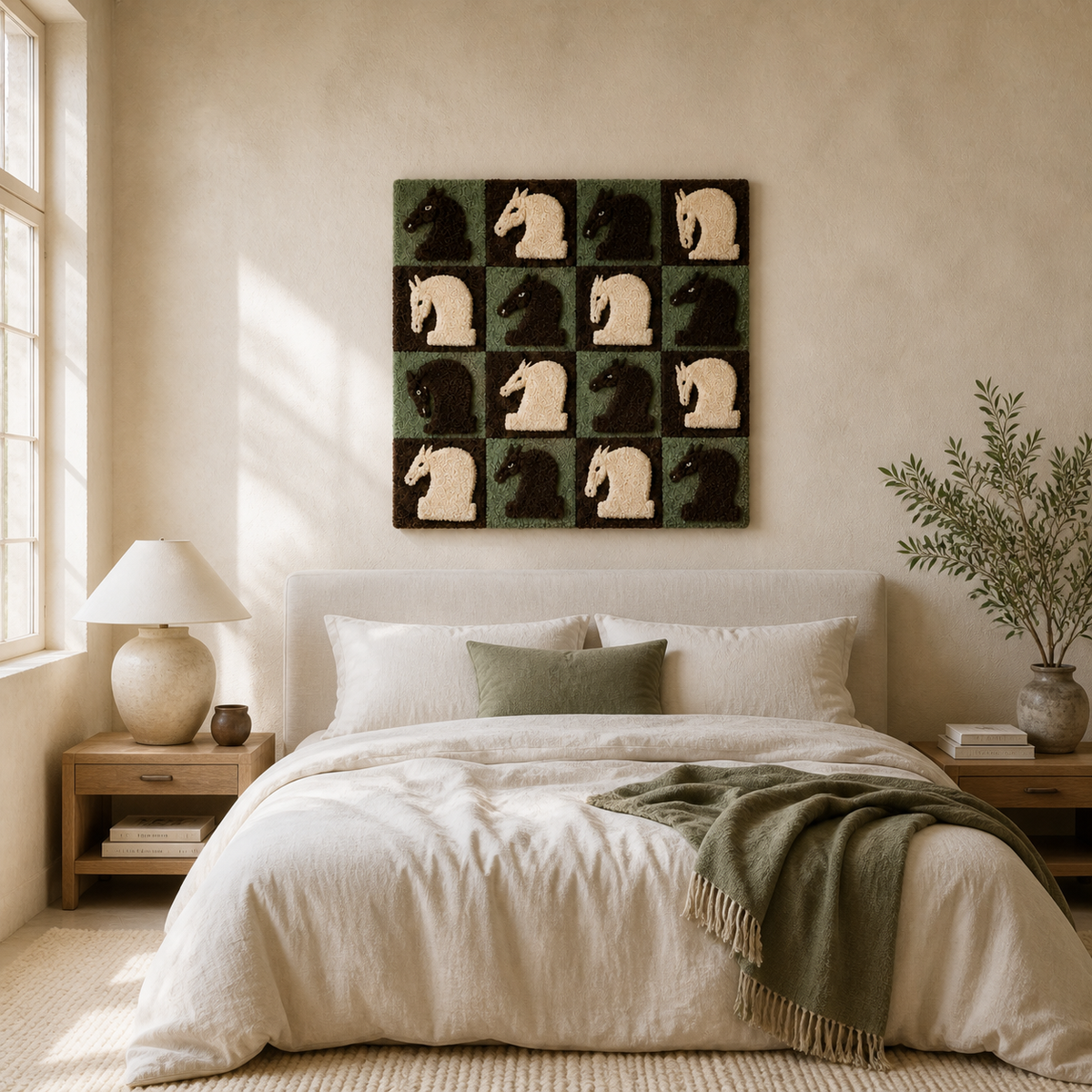 Hewn Earth Midnight Knights wall art featuring a dark, detailed knight illustration on a neutral background.