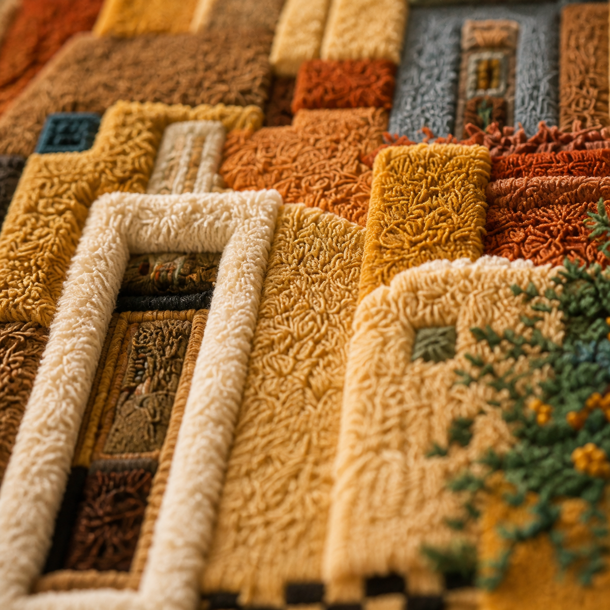 Close-up of Hewn Earth Ochre Courtyard wall art featuring textured ochre and earthy tones in a detailed abstract design.