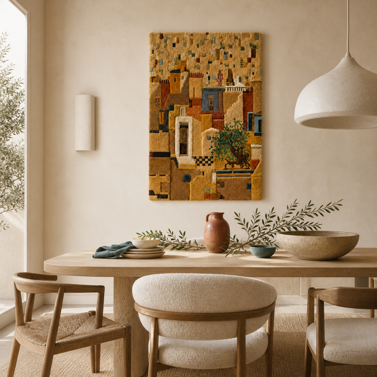 Ochre-colored Hewn Earth wall art titled "Courtyard" featuring abstract, textured design suitable for modern interior decor.