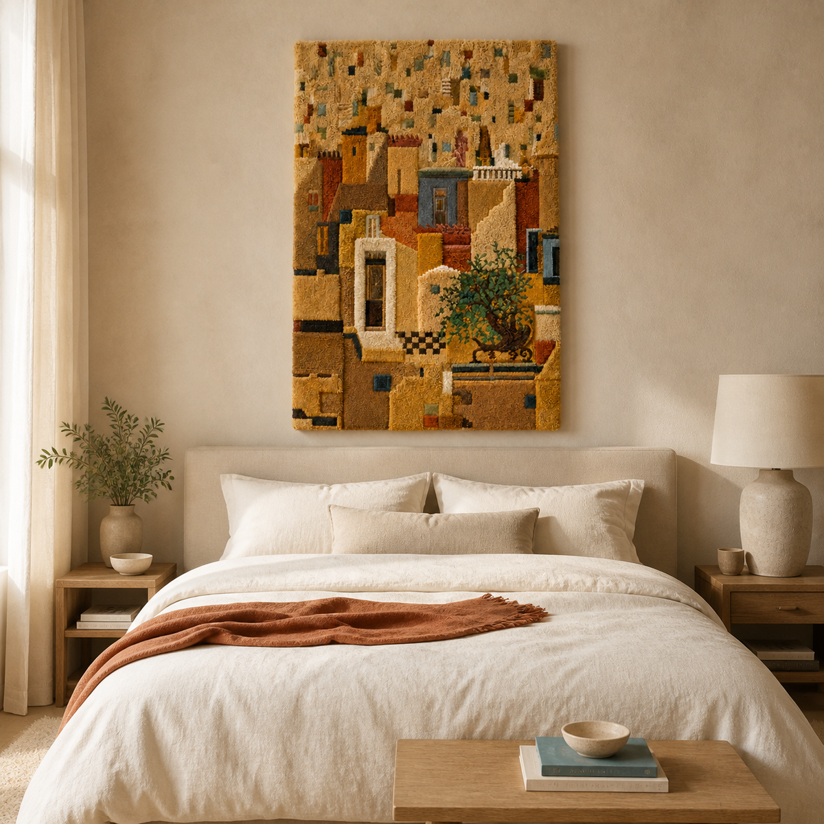 Ochre-colored Hewn Earth wall art featuring a textured courtyard scene, showcasing earthy tones and artistic detail.