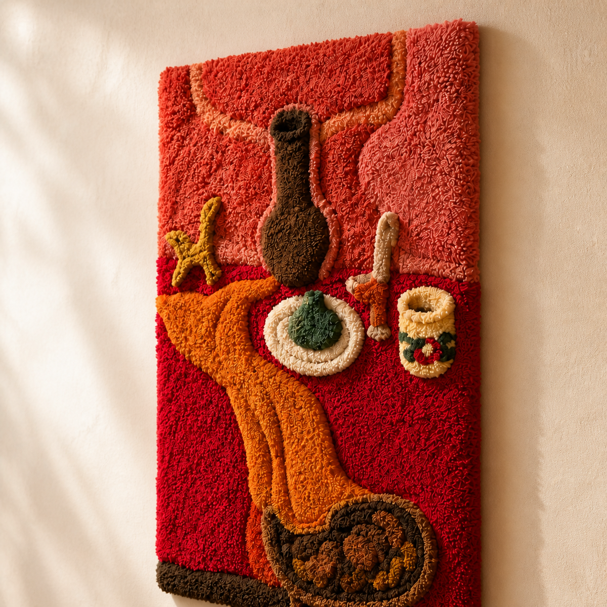 Red Wall Art piece titled Red Table Ritual by Hewn Earth, featuring abstract design with vibrant red hues on a textured surface.