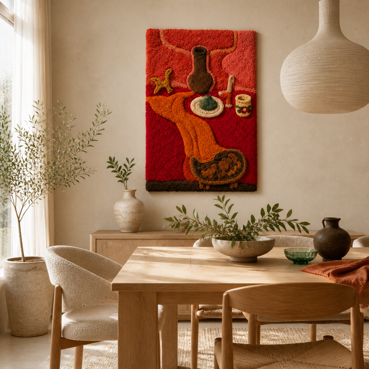Red wall art piece titled "Table Ritual" by Hewn Earth, featuring abstract design and vibrant red colors for modern home decor.