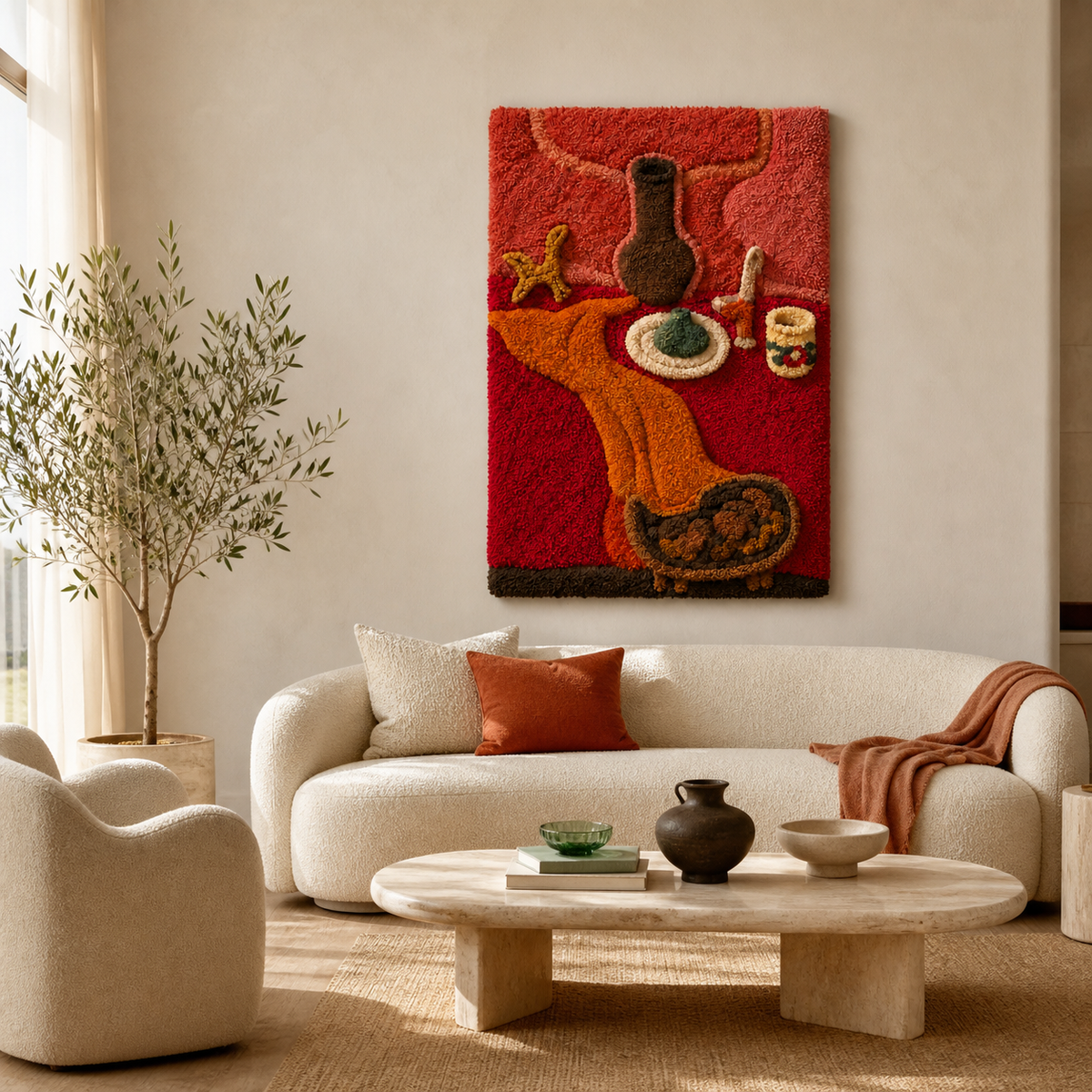Red wall art piece titled "Table Ritual" by Hewn Earth, showcasing vibrant colors and abstract design suitable for interior decor.
