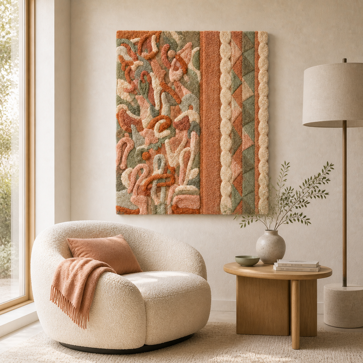 Hewn Earth Blush Woven Passage wall art hanging with textured woven design in soft blush tones, displayed on a modern room wall.