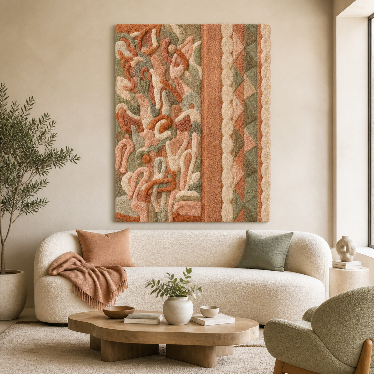 Hewn Earth Blush Woven Passage wall art featuring a textured woven design in blush tones on a neutral background.