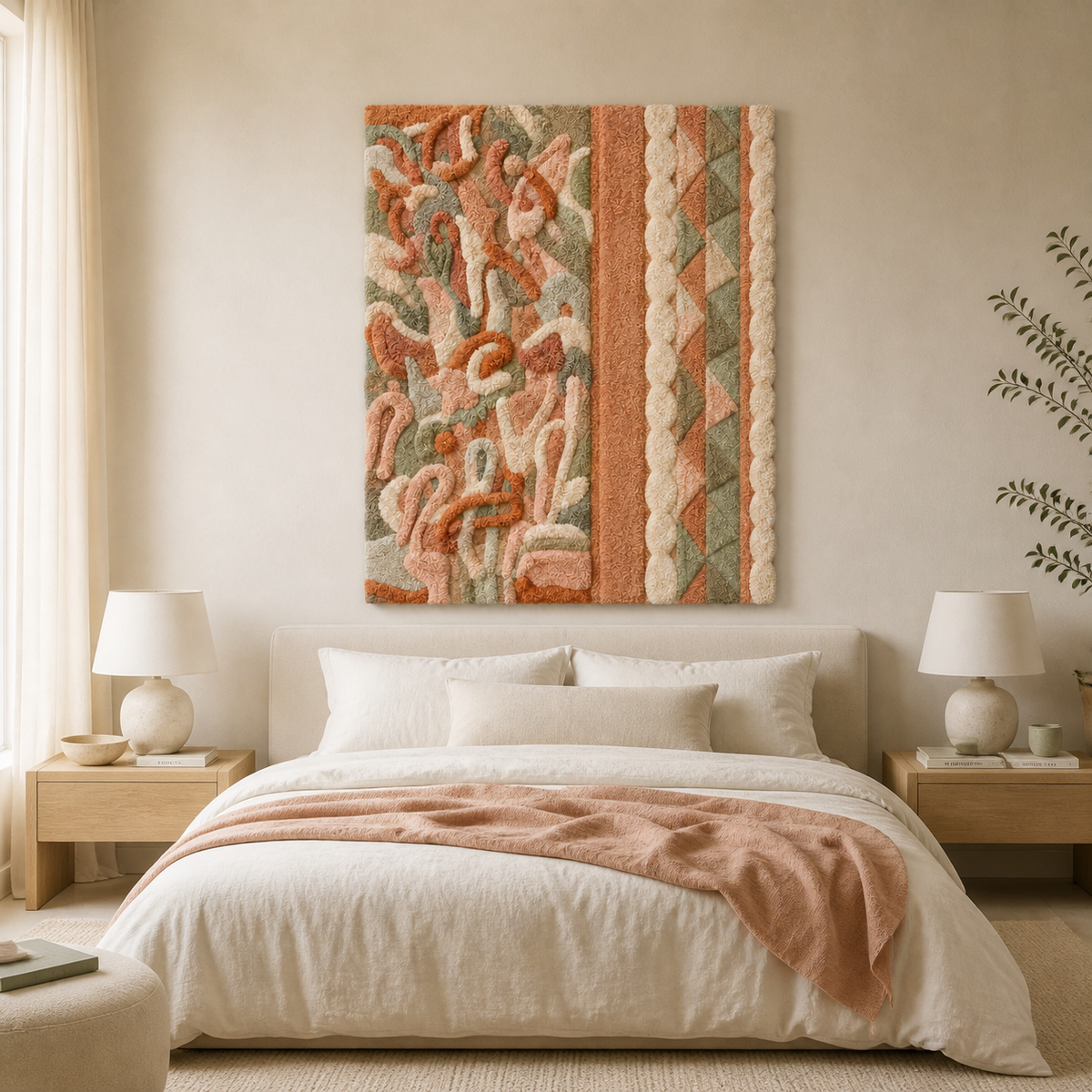 Hewn Earth Blush Woven Passage wall art featuring a textured woven design in soft blush tones on a neutral background.