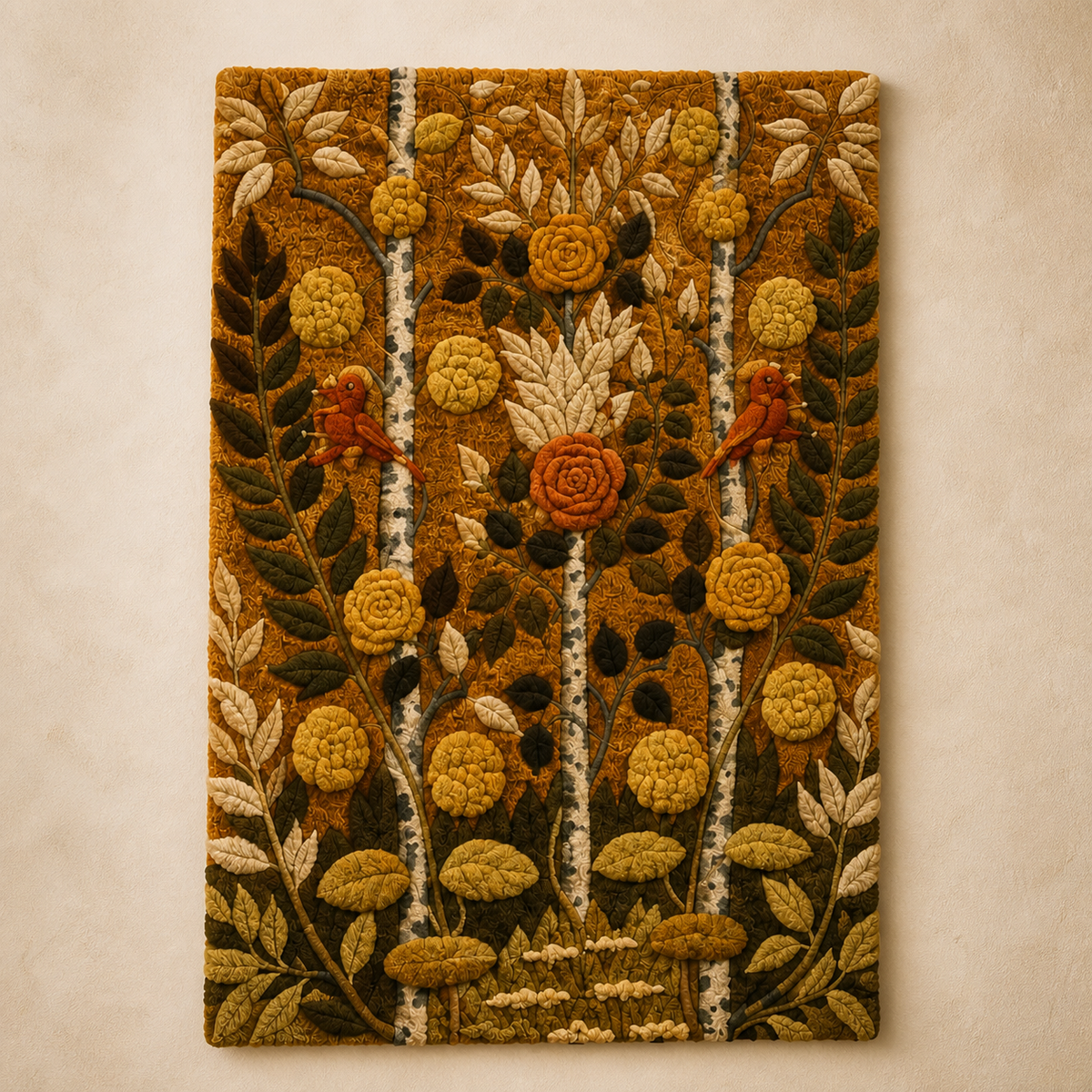 Golden Herbarium wall art by Hewn Earth, featuring botanical illustrations in a gold-toned frame, displayed on a room wall.