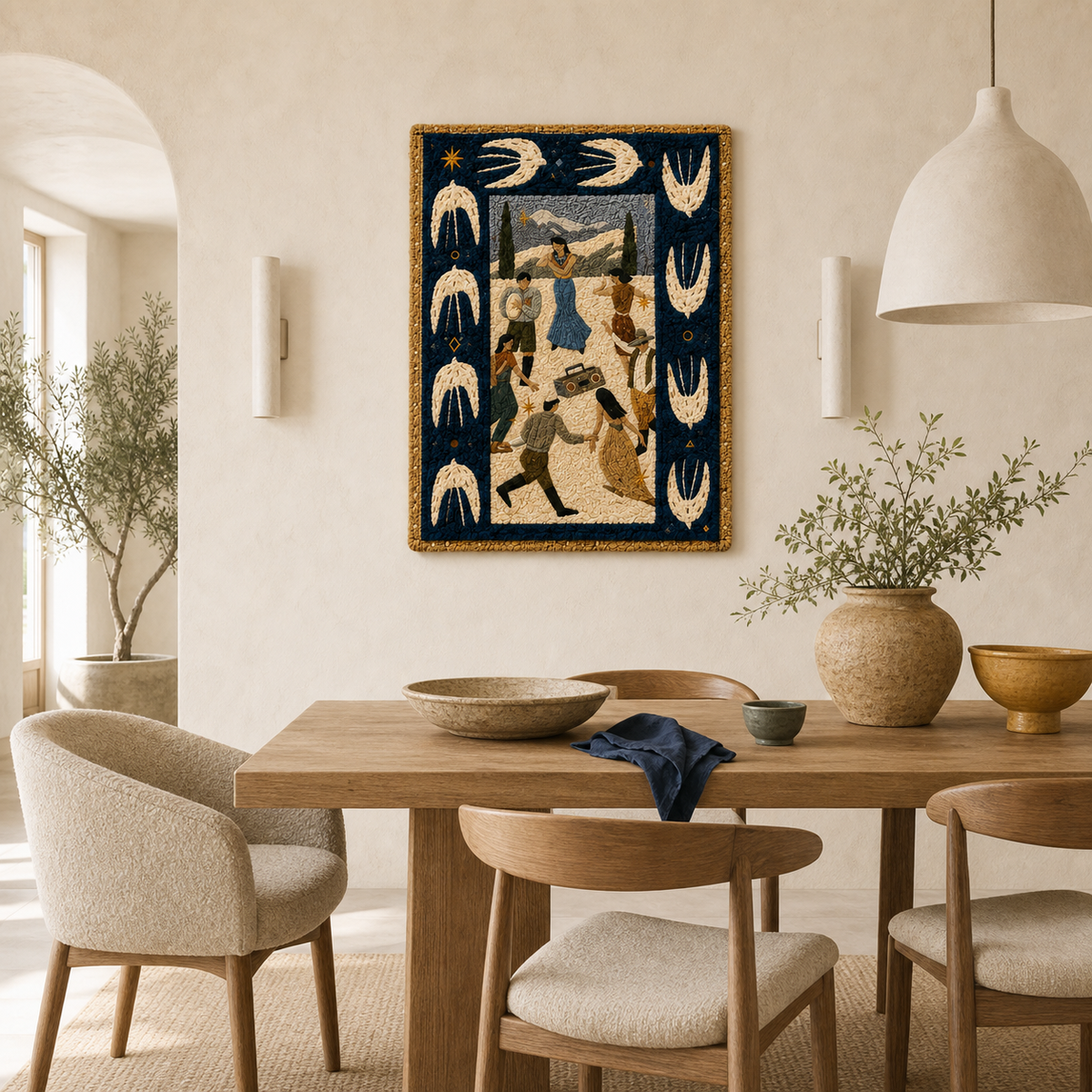 Hewn Earth Moonlit Story Panel wall art featuring a serene moonlit landscape with trees and reflective water scene.
