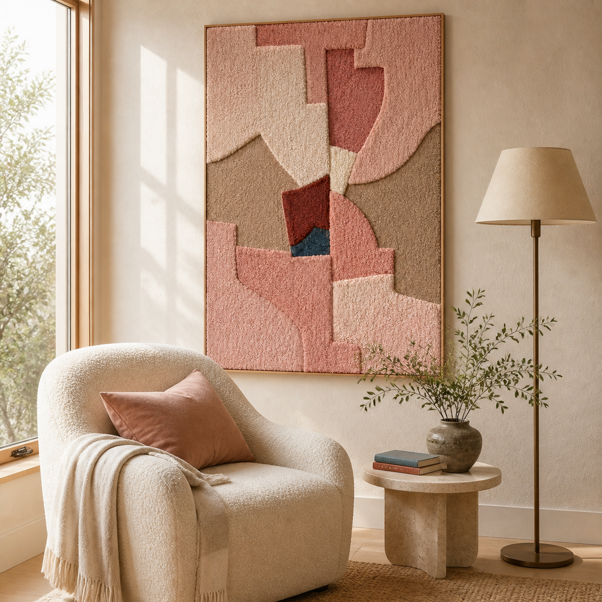 Hewn Earth Blush Fragments wall art hanging on a wall, featuring abstract, textured pink and beige tones in a modern design.