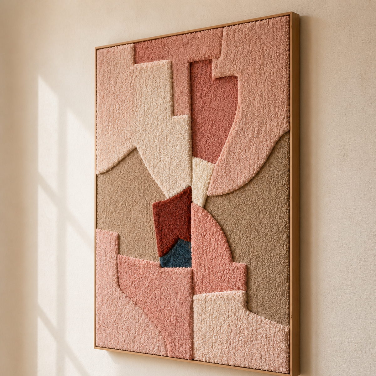 Hewn Earth Blush Fragments wall art featuring abstract pink and beige textured paper pieces arranged in a modern design