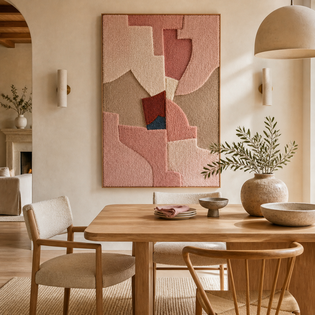 Hewn Earth Blush Fragments wall art featuring abstract blush-colored geometric shapes on a neutral background.