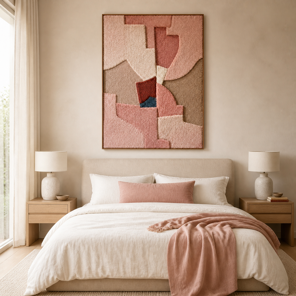 Hewn Earth Blush Fragments wall art featuring abstract pink and beige textured design on canvas or framed artwork.