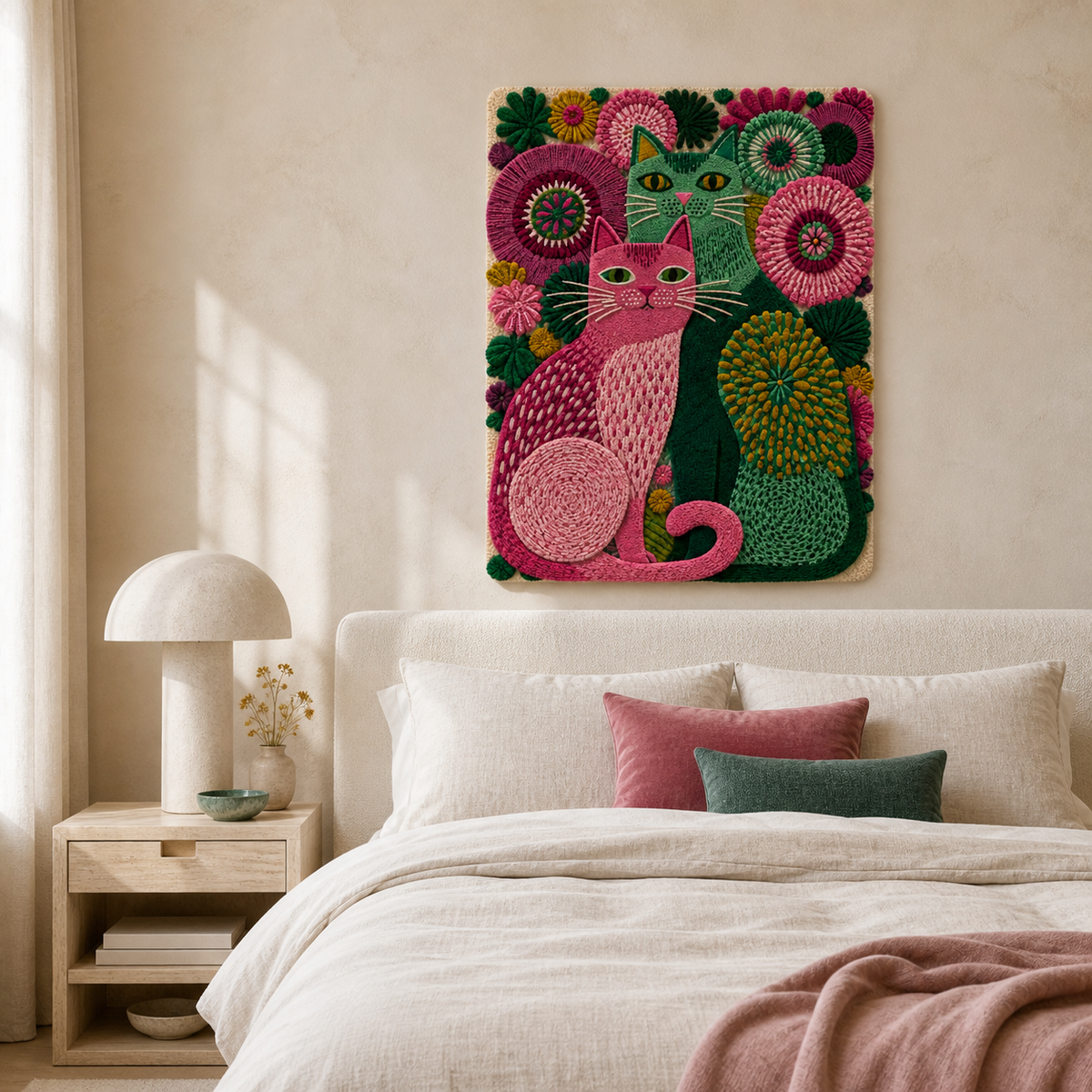 Pink garden cats wall art by Hewn Earth, featuring colorful feline illustrations perfect for home decor.