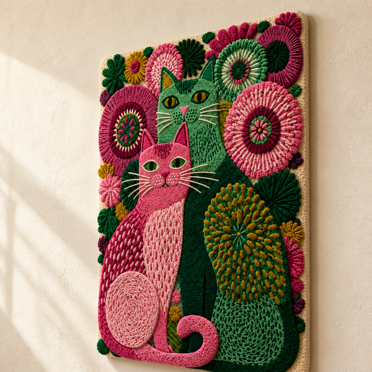Pink Garden Cats wall art by Hewn Earth featuring colorful cats in a floral garden scene on canvas.