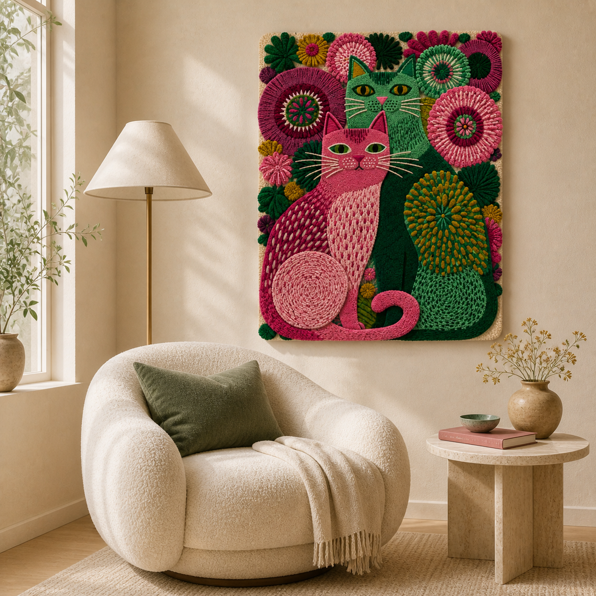 Pink Garden Cats wall art by Hewn Earth featuring playful cat illustrations in a vibrant pink garden scene.