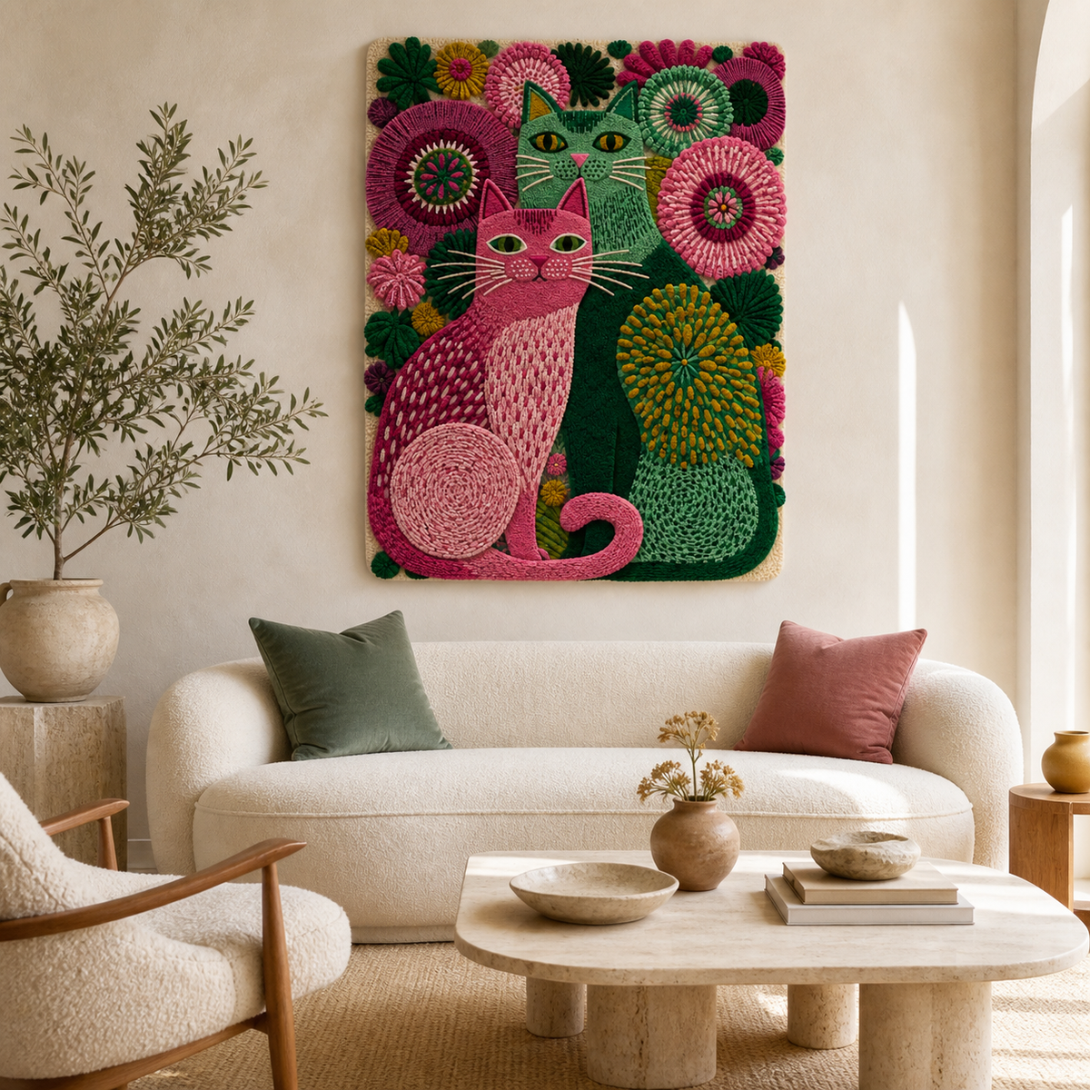 Pink Garden Cats wall art by Hewn Earth featuring playful cats and vibrant floral design for home decor.