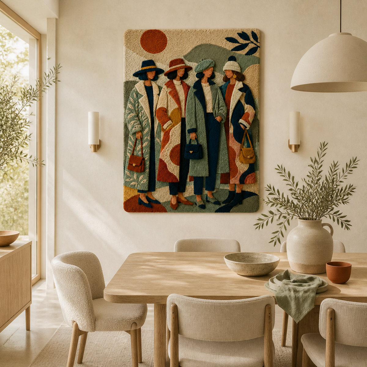 Sunlit Procession wall art by Hewn Earth featuring a vibrant, colorful design with sunlit figures in a serene procession scene.