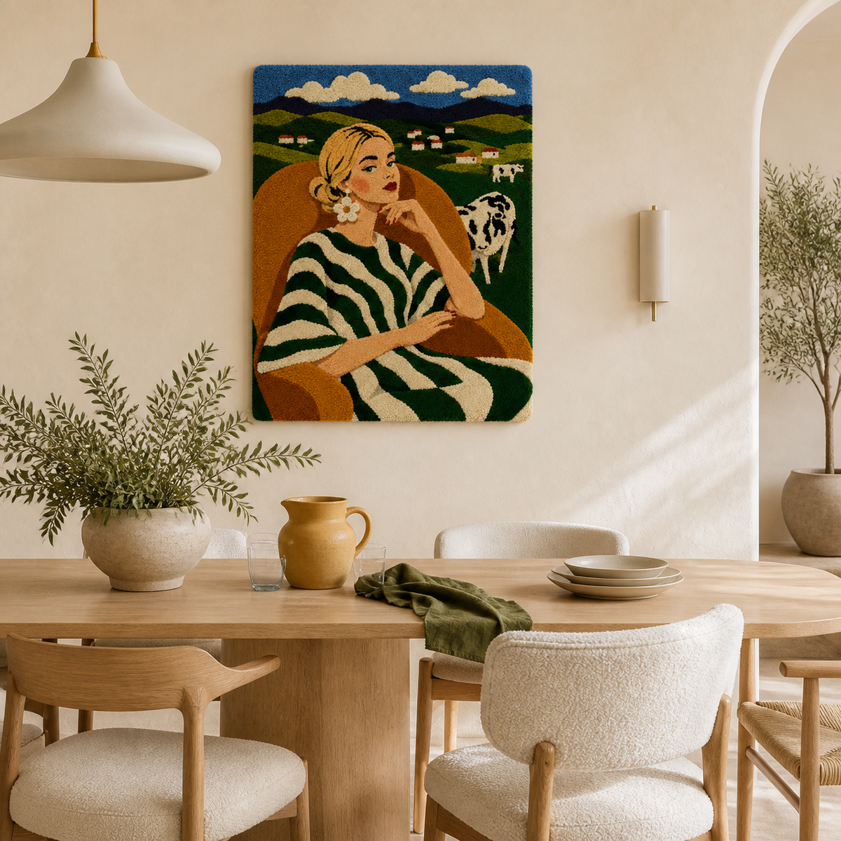 Hewn Earth Alpine Reverie wall art featuring a serene mountain landscape scene with soft colors in a room setting