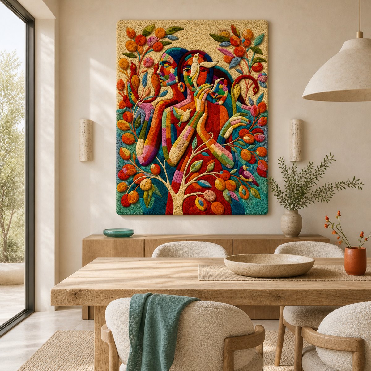 Hewn Earth Carnival Grove wall art featuring vibrant, nature-inspired design displayed on a room wall.