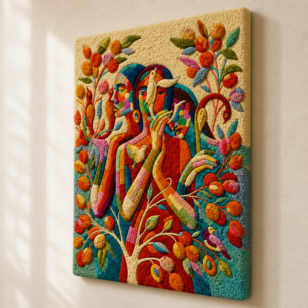 Hewn Earth Carnival Grove wall art featuring vibrant, abstract landscape design with colorful foliage and natural textures.