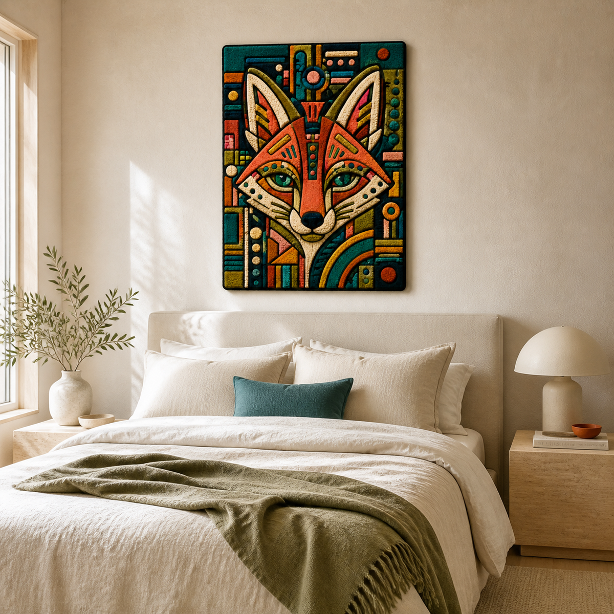 Colorful Oracle Fox wall art by Hewn Earth featuring intricate fox design on a textured background.