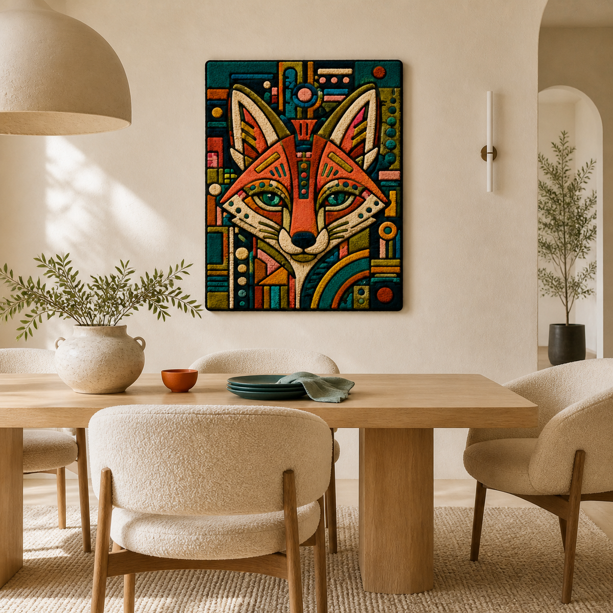 Hewn Earth Oracle Fox wall art featuring a detailed illustration of a fox with intricate patterns, suitable for home decor.