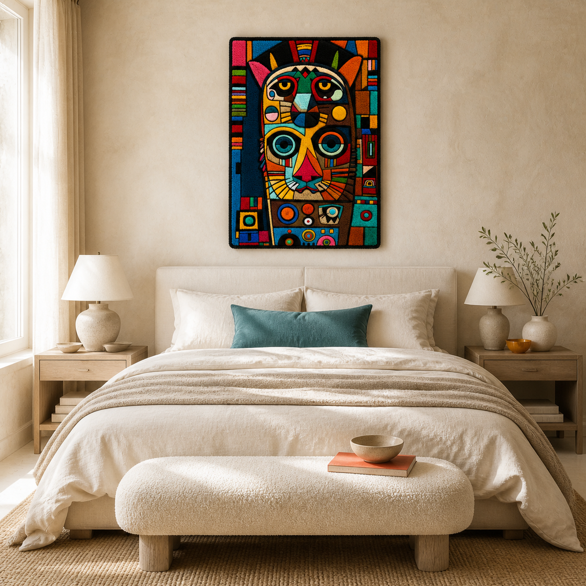 Hewn Earth Festival Mask wall art hanging on a wall, featuring vibrant colors and intricate details, suitable for room decor.