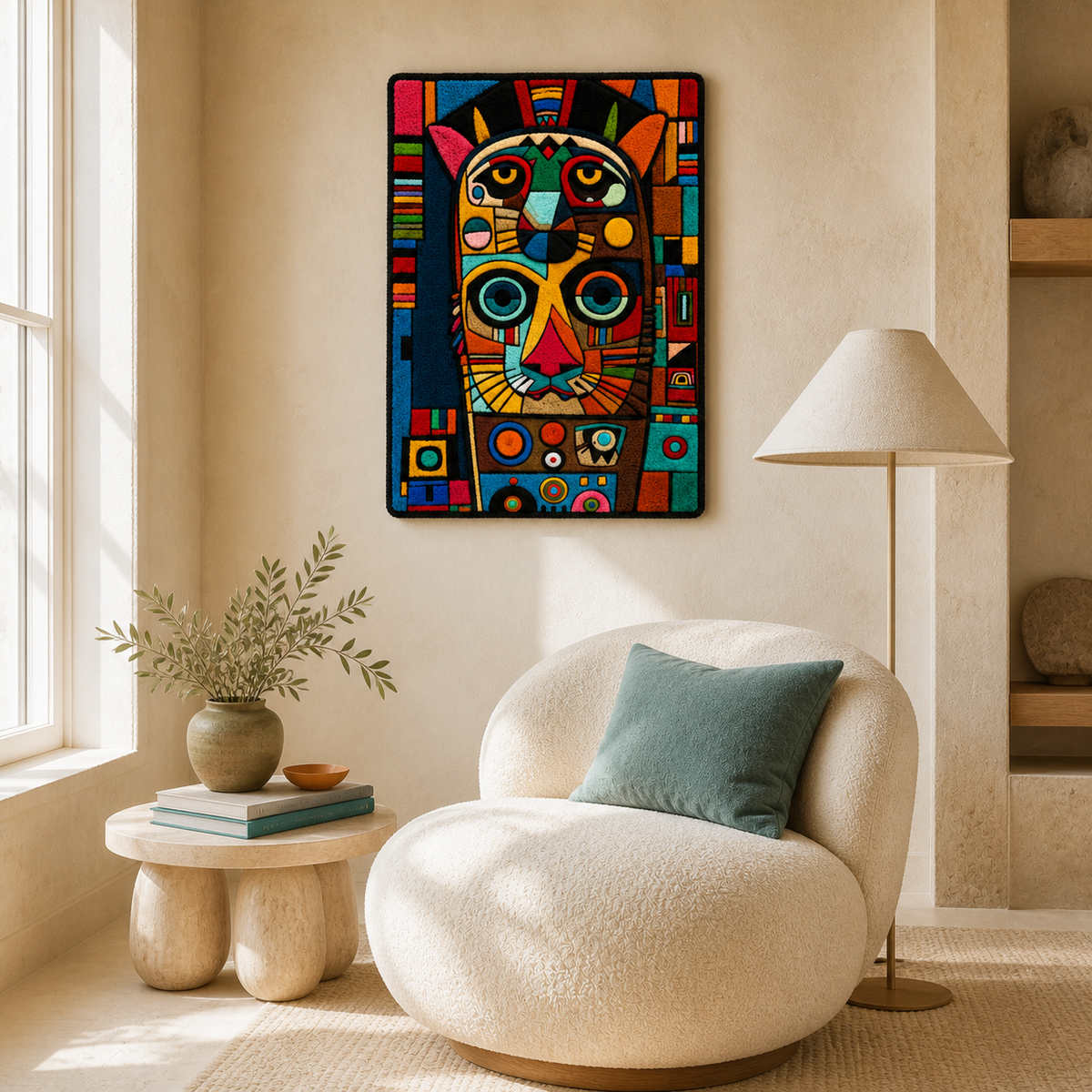 Hewn Earth festival mask wall art featuring a colorful, intricate mask design on a neutral background.