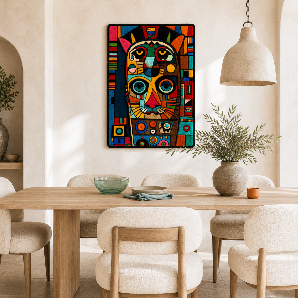Hewn Earth festival mask wall art featuring vibrant, artistic design on a framed wall art piece showcasing cultural mask imagery.