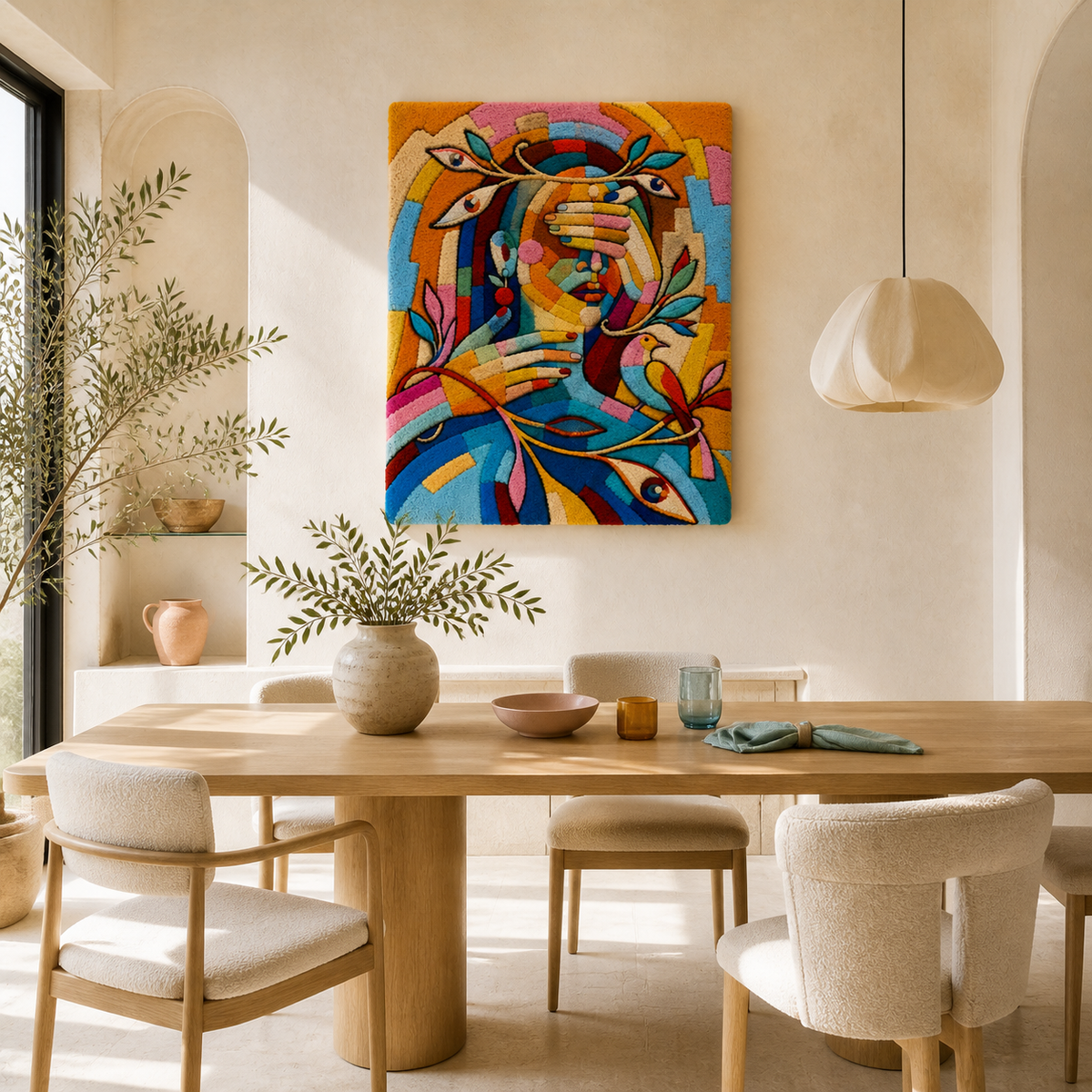 Hewn Earth Chromatic Embrace wall art featuring vibrant, abstract colors displayed on a modern wall decor piece.